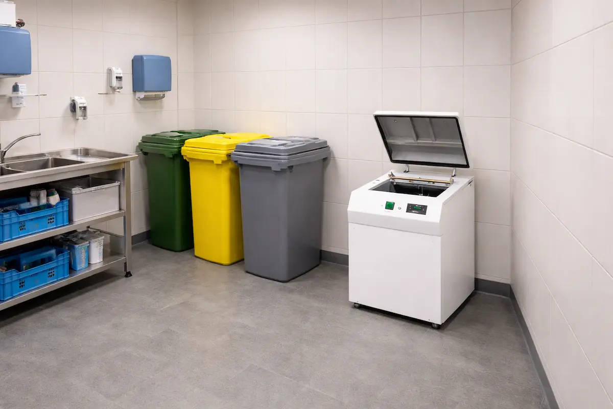 Medizinischer Abfallversorgungsraum mit VaCompact in einer Klinik – farbcodierte Abfallbehälter, Edelstahl-Spülbecken und hygienische Abfallentsorgung